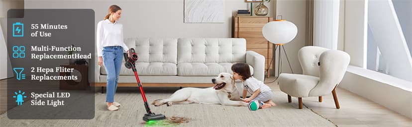 Vacuum Cleaners for Home, Lightweight Cordless Vacuum Cleaner for Hard Carpet, Hard Floor, Pet Hair, 30Kpa Vacuum Cleaner with HEPA Filter, Side Light, Max 55 Mins, Full Touch Screen