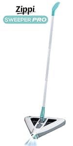 Zippi Sweeper Pro - 2025 New and Improved Lightweight Sweeper, Perfect for Short Carpet Hardwood and Tile, Triangular Design Allows for Sweeping in Corners, LED Light, 1 Hr Cleaning Time