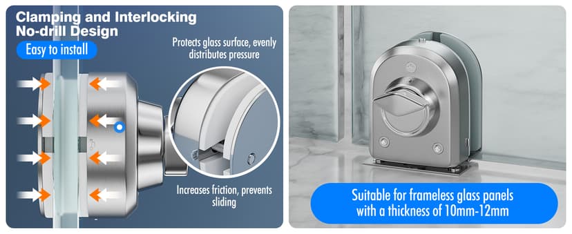 Ranbo Frameless Glass Door Floor Lock, Clamp-On No-Drill, 304 Stainless Steel, Fits 3/8"–1/2" (10–12 mm) Swing/Sliding Doors — Ideal for Office, Entrance,Storefront,Top or Bottom Mount,Brushed Nickel