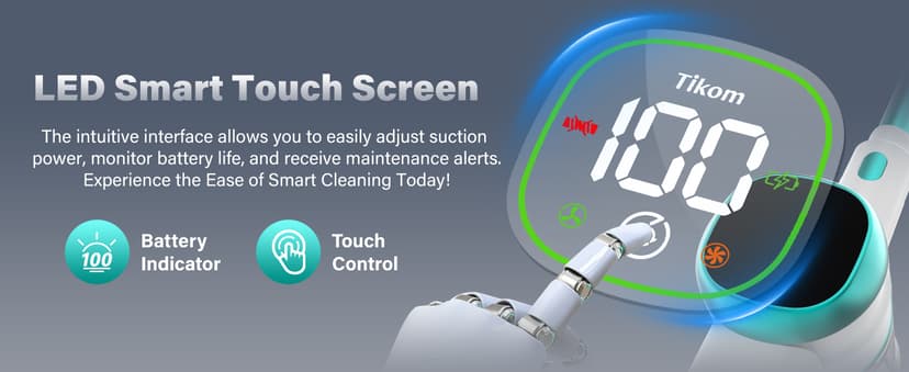 Tikom V500 Cordless Vacuum Cleaner for Home, 40000Pa/450W Stick Vacuum with LED Touch Screen, Charging Wall Dock, Anti-Tangle, Lightweight Handheld Vacuum for Pet Hair, Hard Floor, Carpet, Blue