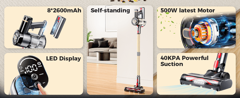 Cordless Vacuum Cleaner, 500W 40Kpa 60Mins Vacuum Cleaners for Home, Anti-tangle Stick Vacuum with Self-Standing, Wall Mount Charging, LDE Display, Wireless Vacuum for Carpet Pet Hair Hardfloor