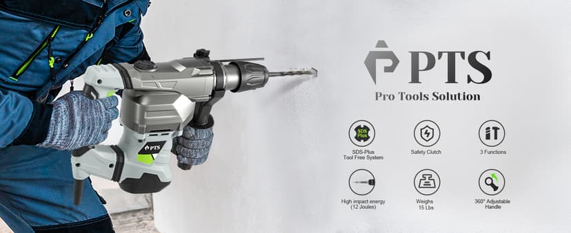 PTS 1-9/16 Inch SDS-Max Rotary Hammer, 13.5 Amp Heavy Duty 3 Functions Corded Concrete Demolition Hammer, w/Vibration Control & Safety Clutch, Includes Drill Bits, Chisels, Carrying Case (Green)