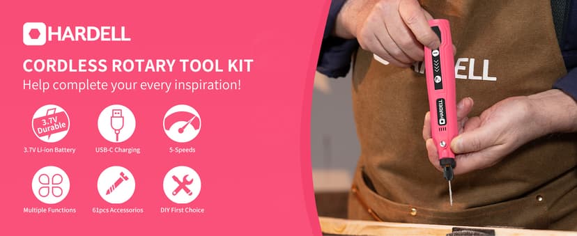 HARDELL Mini Cordless Rotary Tool, 5-Speed 3.7V Rechargeable Rotary Tool Kit with 61 Accessories, USB Charging Multi-Purpose DIY Tool for Sanding, Polishing, Drilling, Engraving, Woodworking