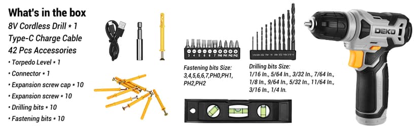 DEKOPRO 8V Cordless Drill, Drill Set with 3/8"Keyless Chuck, 42pcs Acessories, Built-in LED, Type-C Charge Cable, Gray Power Drill for Drilling and Tightening/Loosening Screws