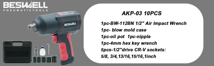 Beswell® 1/2-Inch Air Impact Wrench-1180 Foot-Pounds Max Loosen Torque Output-Well Balanced Lightweight 4.6Lbs-Includes 5-Pieces CR-V Steel SAE Impact Sockets Set & Carrying Case