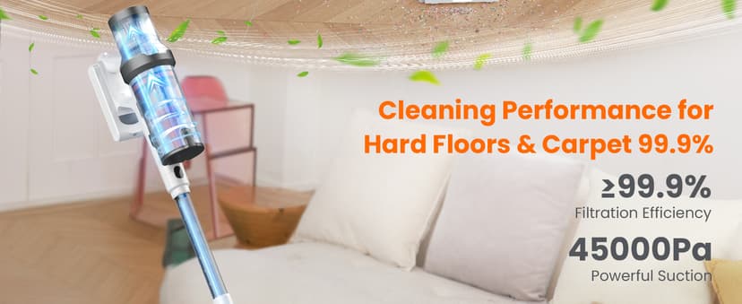 Cordless Vacuum Cleaner, 550W/45Kpa Vacuum Cleaners for Home, Max 60Mins Runtime, Anti-Tangled & 1.6L Dust Cup Stick Vacuum, Lightweight Vacuum for Carpet, Hard Floor(Upgraded)