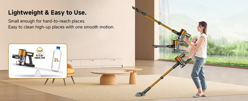 Cordless Vacuum Cleaner,55Mins/Powerful Vacuum Cleaners for Home,Stick Vacuums with 8 in 1,Touch Screen,LED Headlights, Anti-Tangle,Rechargeable,Lightweight for Carpet,Hard Floor, Pet Hair,Gold