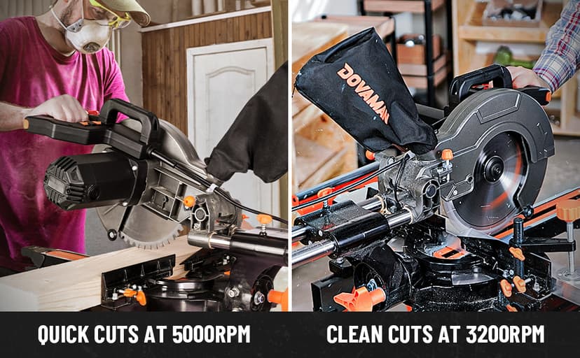 Updated 10-Inch Sliding Miter Saw, Multi-Material Cutting w/ 3 x TCT Blades, Ambidextrous Operation, 5000/3200RPM Speed, Laser Guide, 0-45° Bevel Cut, Max Cut 3.5x13.4in, 9 Positive Stops