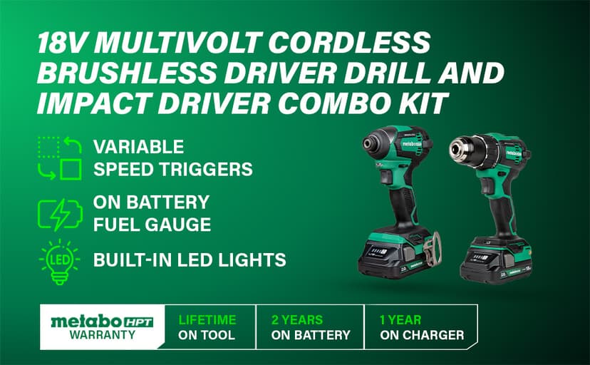 Metabo HPT 18V MultiVolt Cordless Brushless Driver Drill & Impact Driver Combo Kit, Power Tool Kit, 2 Lithium-Ion Metabo HPT Batteries and Charger, High Torque, Compact Lightweight Design, KC18DEXQB