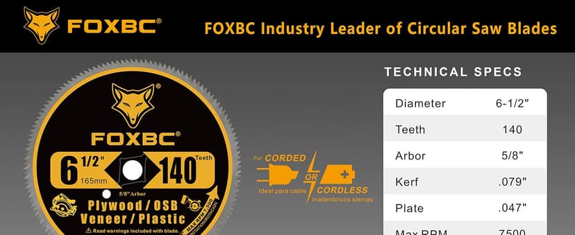 FOXBC 6-1/2 Inch 140 Tooth Circular Saw Blade for Plywood, OSB, Plastic, Veneer Wood Cutting with 5/8-Inch Diamond Arbor