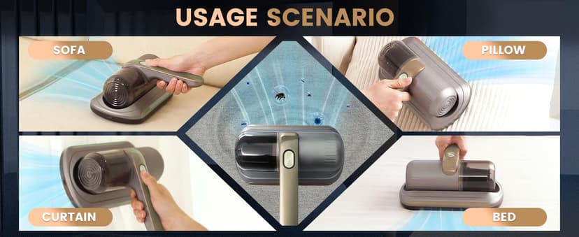 Mattress Vacuum Cleaner, Wireless Handheld Bed Vacuum Cleaner with UV-C Light, HEPA Filter and Ultrasonic Vibration, 12KPa, Suitable for Beds, Sofas, Car Seats, Carpets (Golden)