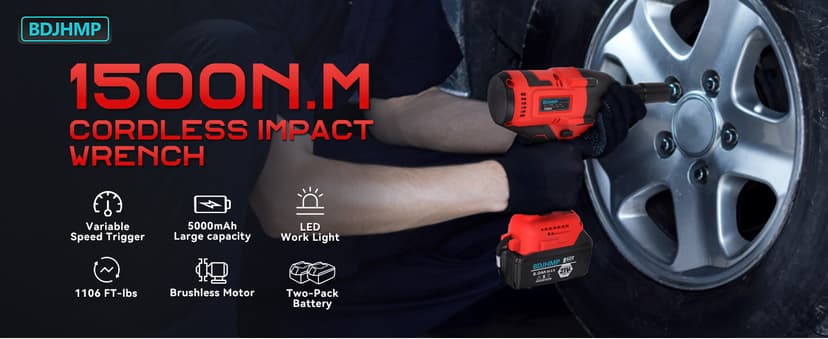 Cordless Impact Wrench, 1106 FT-lbs 1500Nm Brushless Impact Gun 1/2", 18V 2 * 5.0 Ah Multifunction Power Impact Driver for Home Car Truck Mower