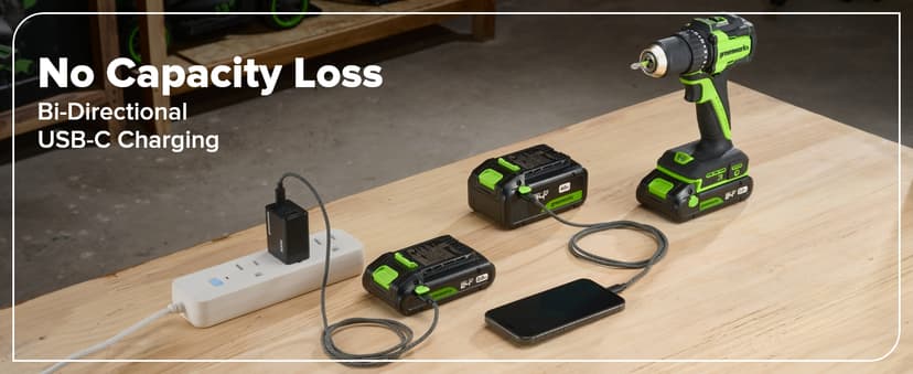 Greenworks 24V Cordless Brushless 400 in-lbs Drill/Driver+1950 in-lbs Impact Driver Combo,High Torque, Lightweight, (2) 2.0Ah USB-C Batteries(12,000mAh Power Bank) and 65W USB-C Fast Charger(3-Port)