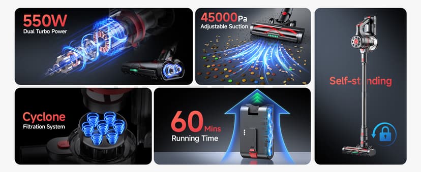 Cordless Vacuum Cleaner, 550W 45KPA Dual Motor Stick Vacuum for Home with 70mins Runtime, 6 LED Green Headlights, Self-Standing Design, V-Shaped Floor Brush for Carpet Tile Pet Hair Hardwood Floors