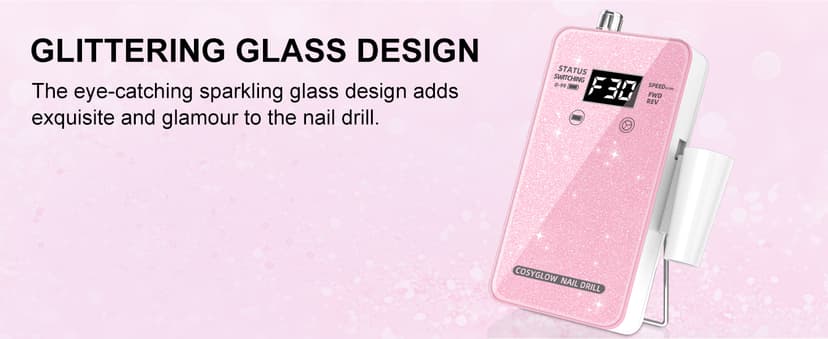 Professional Electric Nail Drill File:COSYGLOW Glitter Portable Cordless E-File Nail Drill Kit with 11 Drill Bits,30000 RPM Rechargeable Nail Drills Machine for Acrylic Nails Gel Polishing (Pink)
