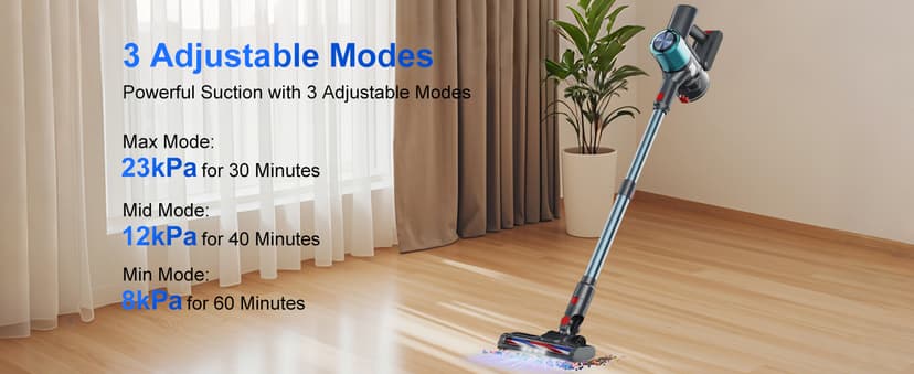 Cordless Vacuum Cleaner, 60 Mins Runtime Vacuum Cleaners for Home, Stick Vacuum Self-Standing, Wall Mount Charging, 3 Mode Handheld Vacuum for Pet Hair/Carpet/Floor