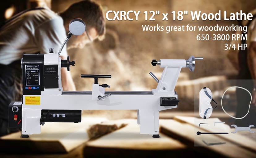 CXRCY 12" x 18" Wood Lathe, Powerful Benchtop Wood Lathe Machine 3/4 HP Infinitely Variable Speed 650-3800 RPM with Lathe Belt & Goggle for Woodworking, Woodturning (Model:WL460-12VF)