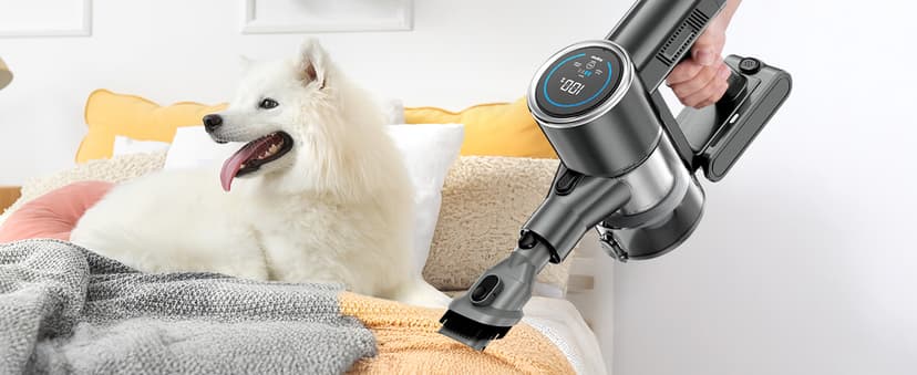 Cordless Vacuum Cleaner, 350W 35KPA 100Mins Runtime Powerful Stick Vacuum for home with Self-Standing, Touch Screen, Rechargeable Handheld Vacuum for Home/Pet Hair/Carpets/Hard Floors(2 Batteries)