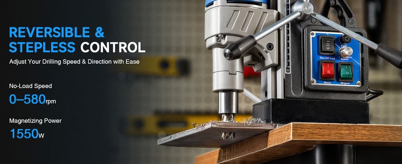 ZELCAN Mag Drill Press with 6 Drill Bits, 1550W Portable Magnetic Press with 2" Boring Diameter, 0-580 rpm Stepless Speed & Reversible Direction, 2922 lbf Power Magnetic