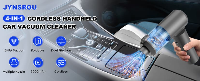 Car Vacuum Portable Cordless with 16000PA Ultra Suction 4-in-1 Foldable Air Duster & Brushless Motor Rechargeable Handheld Vacuum for Pet Hair, Car Seats, Home & Office Cleaning