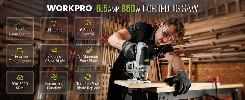 WORKPRO Jigsaw, 6.5AMP 850W Corded Electric Jig Saw Tool Kit with 6 Variable Speeds, 7 Blades, ±45° Bevel Cutting, LED Light, 3000 SPM, 4 Orbital Settings, Edge Guide, Tool-free Blade Changing
