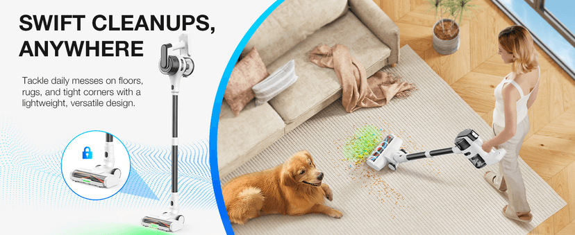 Cordless Stick Rechargeable Vacuum Cleaner, Lightweight, 55min Runtime, 9 in 1 Powerful Suction, Self Standing, Anti Tangle LED Headlight, Ideal for Carpets, Hardwood Floors, Pet Hair, and Home