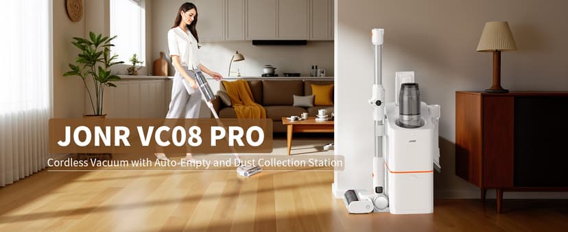 JONR VC08 Pro Cordless Vacuum Cleaner with Auto-Empty Station Powerful Suction, 2.5L Large Dust Bag, 3 in 1 Clean Staion, Rechargeable, Stick Vacuum for Pet Hair, Carpets & Hardfloor