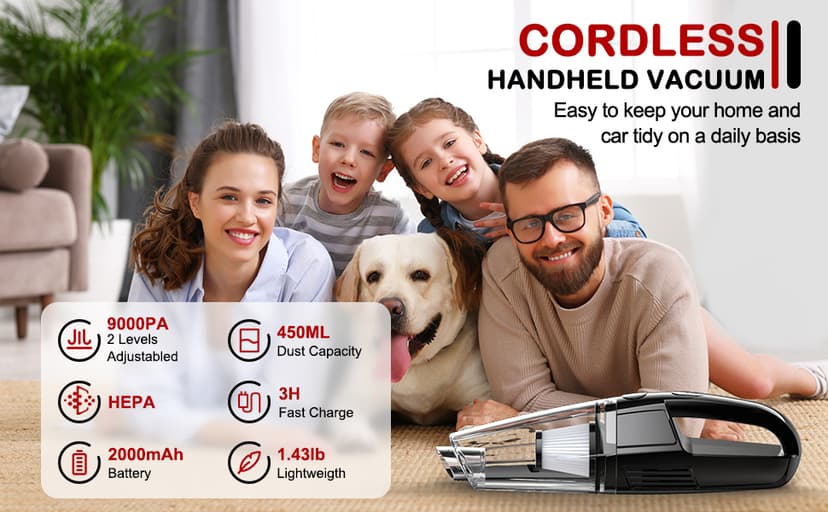 Handheld Vacuum Cordless Rechargeable, Car Vacuum Portable, Mini Vac for Pet Hair, Hand Vacuum Cleaner Car Seats, Home, Quick Cleanup, Strong Suction, Lightweight(H10)