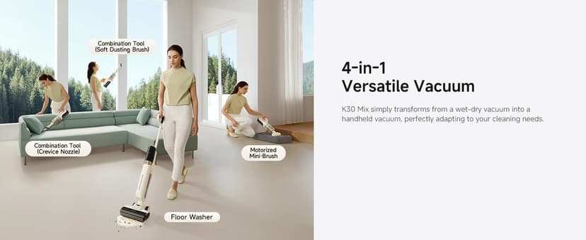 MOVA K30 Mix Wet Dry Vacuum Cleaner, 4-in-1 Cordless Vacuum for Multi-Surface, 180° Lie-Flat Reach, 30Min 140°F Hot Air Drying, 0in Dual Edge, Powerful 18000Pa Suction Floor Cleaner for Pet Hair