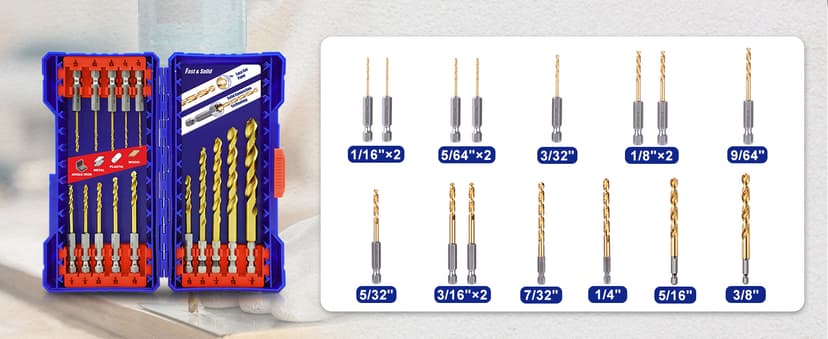 JEFE HEX 15 Pcs Hex Shank Drill Bit Set, HSS Impact Driver Bit Set for Metal, Quick Change Design, Titanium Twist Drill Bits for Steel, Aluminum, Copper, Plastic, Sizes from 1/16" to 3/8" DIY