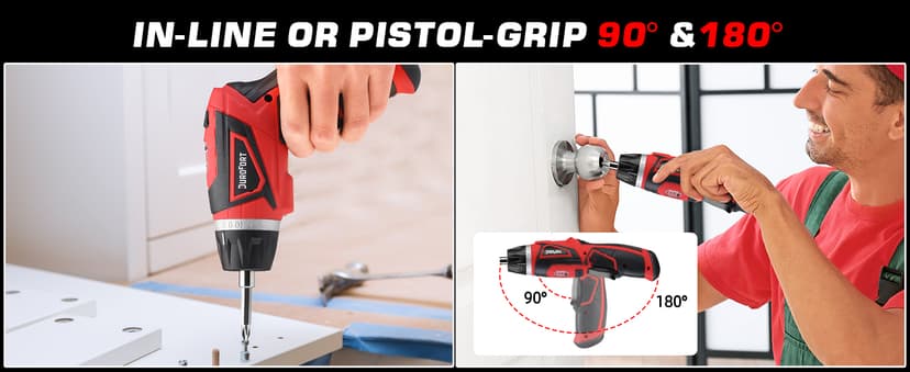 Cordless Electric Screwdriver Set, 8V 10Nm Rechargeable Power Electric Drill, Battery Screw Gun with Driver Bit, 320RPM/10+1 Torque, 2 Position Handle, Flexible Shaft LED Light (Red, 28Pcs)