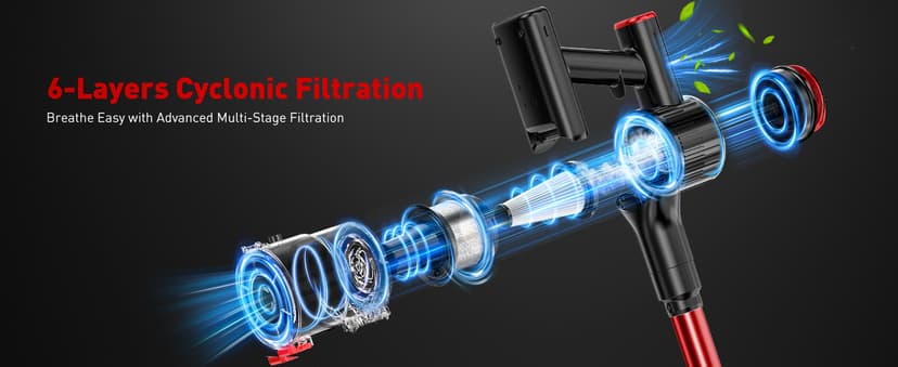 Cordless Vacuum Cleaner, 8-in-1 Vacuum Cleaners for Home, 45Mins Runtime, Anti-Tangle Stick Vacuum with LED Display, Rechargeable Lightweight Vacuum for Pet Hair/Carpet/Floor (Red)