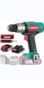 Cordless Hammer Drill Driver 18V, HYCHIKA 400 In-lbs Torque Power Drill with Auxiliary Handle, 1/2” Metal Chuck, 2.0Ah Battery, 1H Fast Charger, 21+3 Clutch, LED Light for Drilling Wood Metal Wall