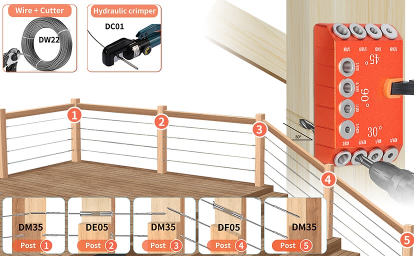 Steel DN Mate Aluminum Drill Guide, 30 45 90 Degree Angle 4 Sizes for Cable Railing Lag Screw Wood Post, Drill Hole Guide Jig for Angled/Straight Holes for Deck Cable Stair Handrail DG12