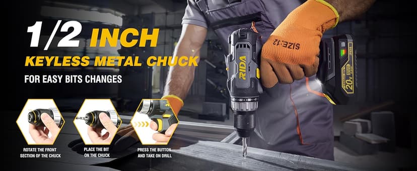 RIDA Cordless Drill Power Drill Cordless 20V 1/2'' Keyless Metal Chuck 355 In-lb(40N.m) Torque with 2.0AH Li-ion Battery & Fast Charger, Variable Speed, 25+1 Position and 22pcs Bits