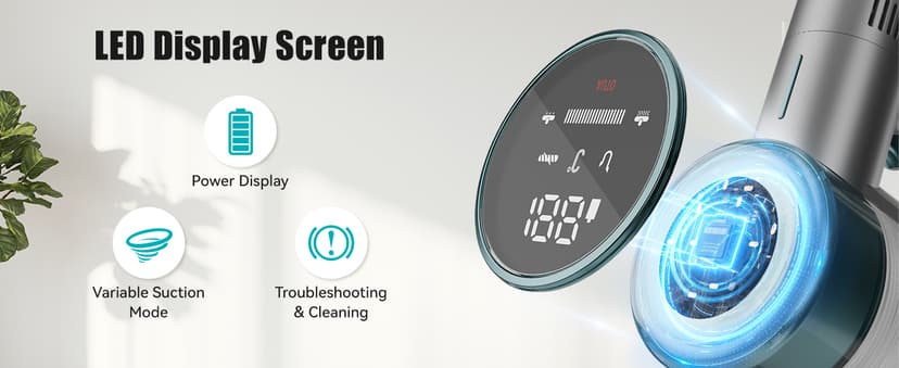 E.LUO Cordless Vacuum Cleaner, 28Kpa Vacuum Cleaners for Home, 60 Mins Runtime Stick Vacuum with Intelligent Display, Rechargeable Battery & Anti-Tangle Brush Handheld Vacuum for Floor Carpet Pet Hair