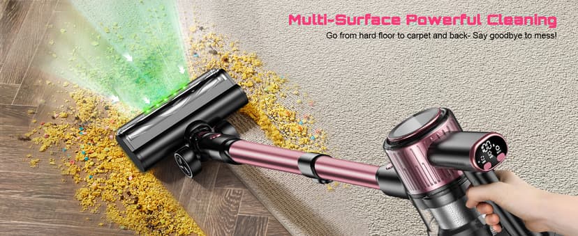 Cordless Vacuum Cleaner, 10 in 1 Stick Vacuum with Powerful Suction, Hose, Green LED Light, Anti-Tangle Brush, Lightweight Rechargeable Vacuum Cleaner for Home, Hardwood Floors, Carpets, Pet Hair,Pink