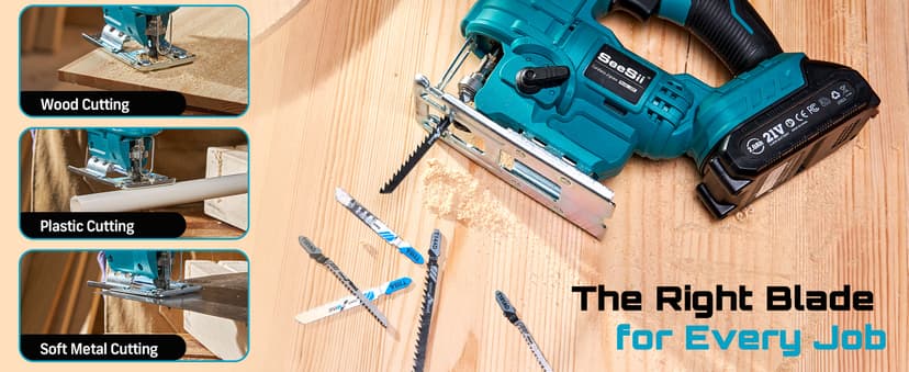 SEESII Cordless Jig Saw 21V, Electric Jigsaw Tool with 2× 2.0Ah Batteries, 2800RPM Variable Speed for Wood Cutting, 0°-45° Bevel Cuts, LED Light, 4 Orbital Settings for Straight/Curve/Circle Cutting