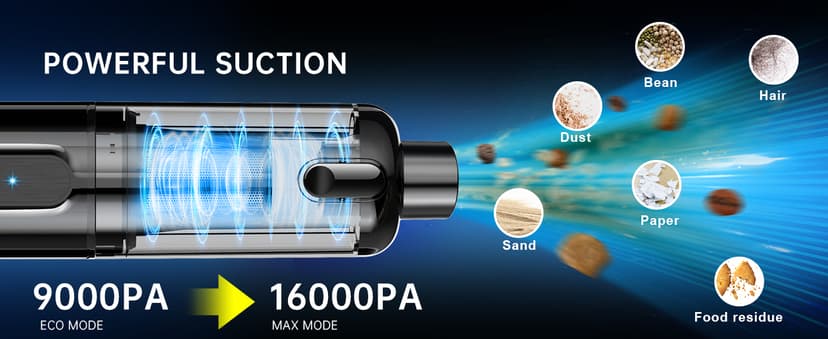 Handheld Vacuum Cordless, Car Vacuum with 16000Pa Powerful Suction, Lightweight at 1.3 lbs, Type-C Charge, Multiple Accessories, Rechargeable Vacuum Cleaners for Home Office Car Pet