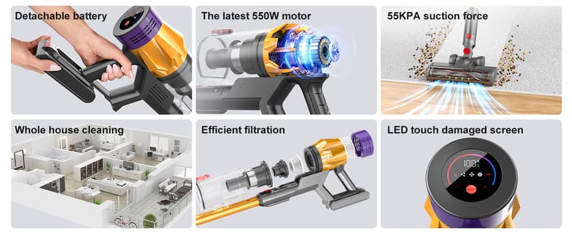 Cordless Vacuum Cleaner, 550W 55KPA 60 Mins Runtime Self-Standing Vacuum Cleaners, Stick Vacuum with Charging Dock Station Removable Battery, Handheld Vacuum for Pet Hair/Carpet/Floor