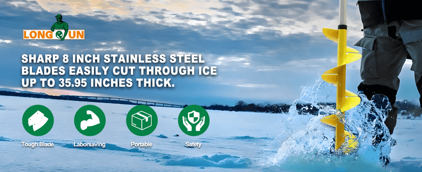 Nylon 8 Inch Ice Auger, 35.95 Inch Extended for Drilling Deep Ice Fishing Holes, Durable Polymer Auger Drill Bit for Ice Post Hole Digger w/Sharp Blade & Cover, Ice Auger Adapter with Handle-Yellow