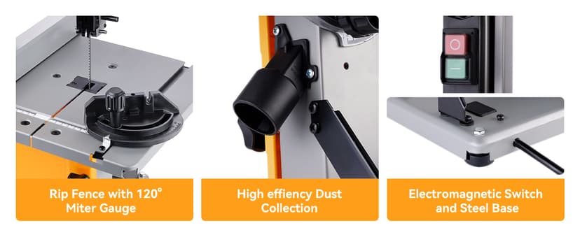 Hoteche 8-Inch Band Saw 2.0A Low Noise Two Cutting Height Table Benchtop with Fence and Miter Gauge for Woodworking, DIY Projects and Precision Cutting, Tilting Range 0-45°