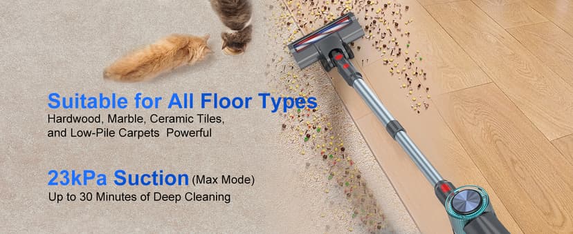 Cordless Vacuum Cleaner, 60 Mins Runtime Vacuum Cleaners for Home, Stick Vacuum Self-Standing, Wall Mount Charging, 3 Mode Handheld Vacuum for Pet Hair/Carpet/Floor