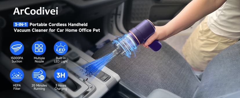 Handheld Vacuum Cordless Rechargeable with LED Light and Multi-Nozzles,15000 Pa Car Vacuum Portable Cordless, 120W Powerful Mini Vacuums Cleaner for Home, Car, Pet Hair, DC Motor, Blue