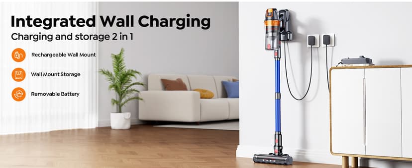 Cordless Vacuum Cleaner, 600W 45KPA with Upholstery Cleaning Tool, Stick Vacuum Cleaners for Home 60 Mins Runtime, Self-Standing, Wall Mount Charging, Rechargeable Vacuum for Floor Carpet Pet Hair