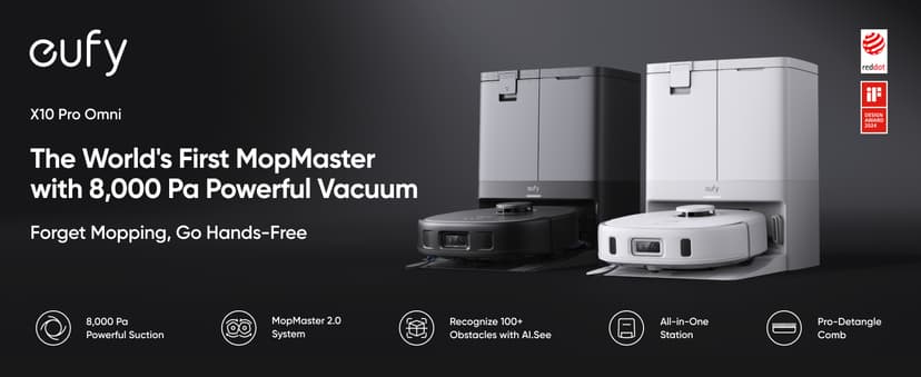 eufy X10 Pro Omni Robot Vacuum and Mop Combo, 8,000 Pa Suction, Dual Mops with 12 mm Auto-Lift and Carpet Detection, AI Obstacle Avoidance, Auto Mop Washing, Auto Drying, Self-Emptying, White
