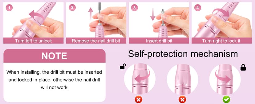 Professional Electric Nail Drill File:COSYGLOW Glitter Portable Cordless E-File Nail Drill Kit with 11 Drill Bits,30000 RPM Rechargeable Nail Drills Machine for Acrylic Nails Gel Polishing (Pink)