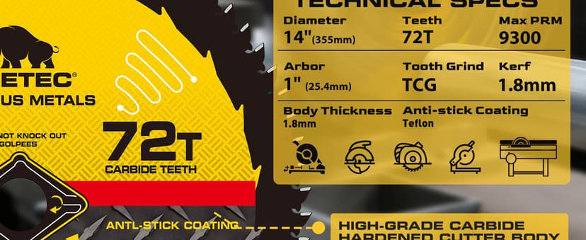 14BLADEST Blade for Cutting Mild Steel with 1" Arbor, for Circular and Chop Saws, No Heat, No Burrs & Virtually No Sparks, Carbide-Tipped TCT Blade for Cold Metal Cutting,14-Inch x 72-Tooth