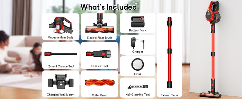 Cordless Vacuum Cleaner - Lightweight, 35Kpa Home Stick Vacuum, Smart Display & Removable Battery, Up to 45 Mins, 8 in 1 Portable Handhled Vacuum, Wall Mount Charging for Hardfloor, Carpet Red