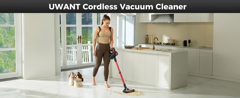 uwant Cordless Vacuum Cleaner 35Kpa Powerful Suction Wide Green Headlight Vacuum Cleaner for Home Pet Hair Anti-Tangle HEPA Lightweight Handheld Vacuum for Carpet Hard Floors (Black)